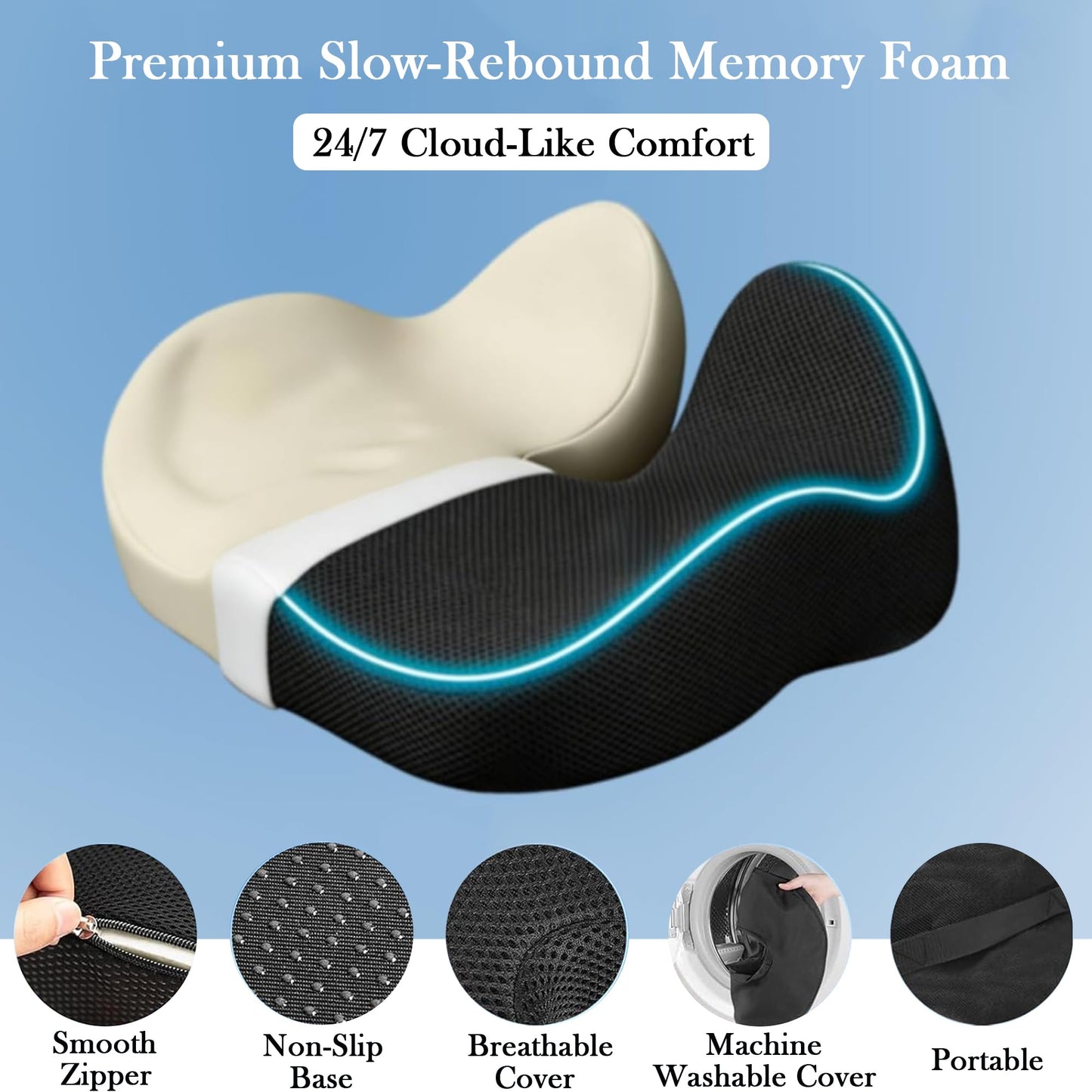 AmzDaKai Coccyx Cushion for Tailbone Pain & Sciatica Relief, Memory Foam Seat Cushion with W-Shape Design, Non-Slip Office Chair & Car Cushion