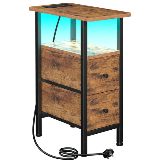 AMHANCIBLE Slim Bedside Table with LED Light, Narrow Side Table with Charging Station, Small End Table with 2 Fabric Drawers, Nightstand for Small