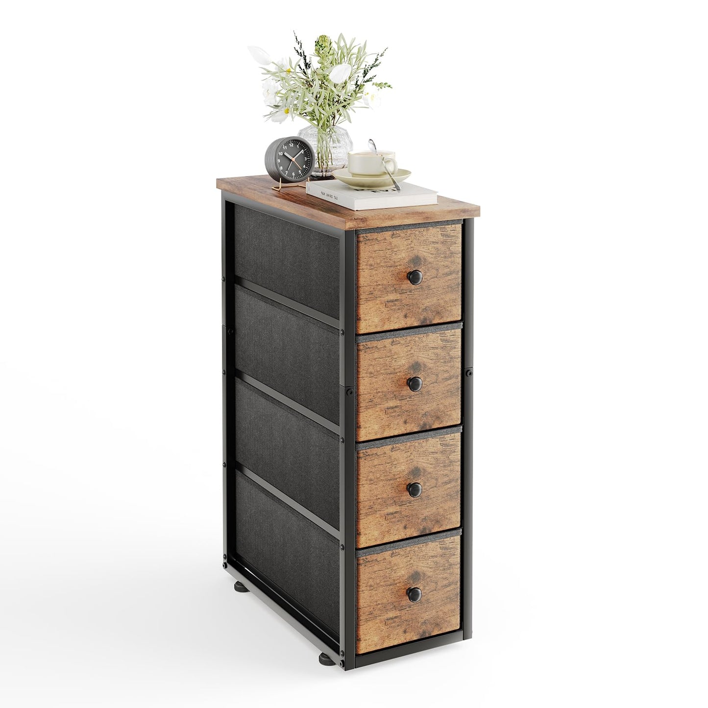 MUTUN Narrow 5 Drawers Chest Dresser, Bedroom Fabric Storage Drawer with Wood Top, Tall and Slim Cupboard Nightstand End Table Organizer Unit for