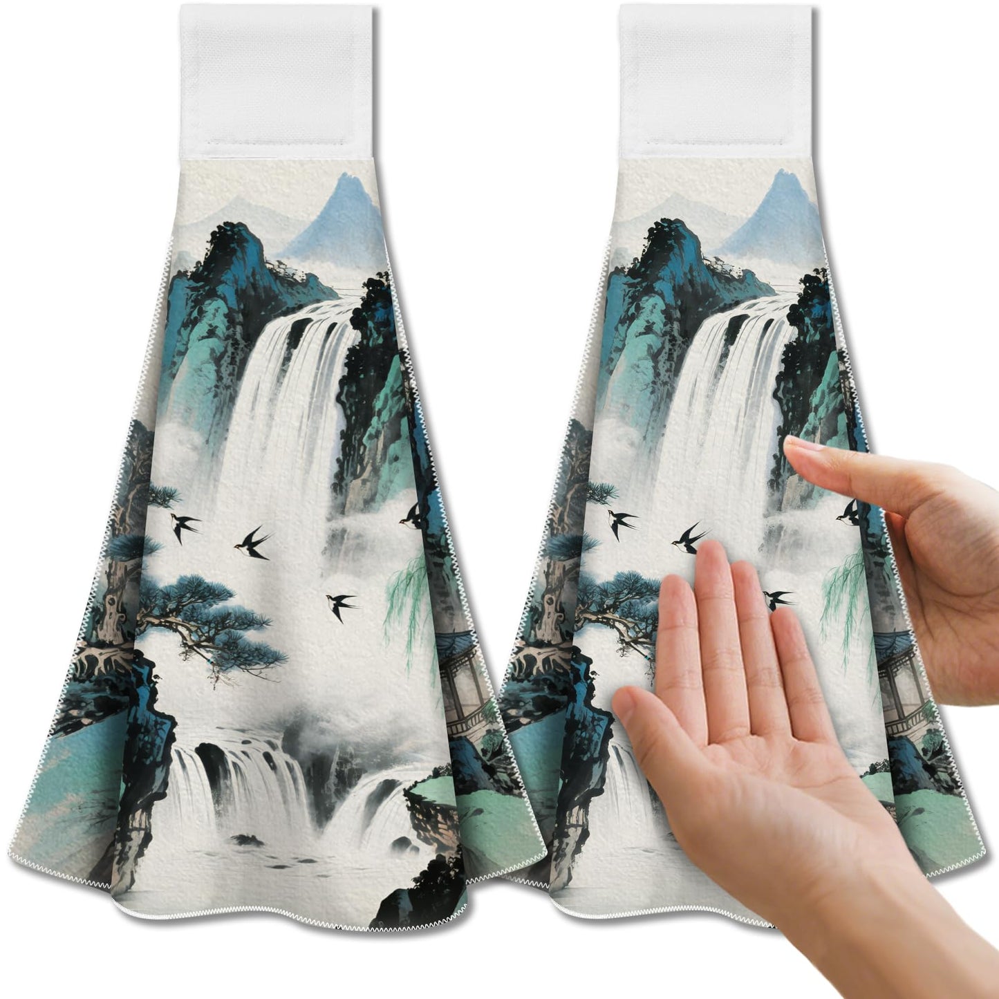 CUTHOLLOW Chinese Style Landscape Tea Towels for Kitchen with Loop, Set of 2 Soft & Super Absorbent Microfiber Decorative Hanging Dish & Hand Towel,