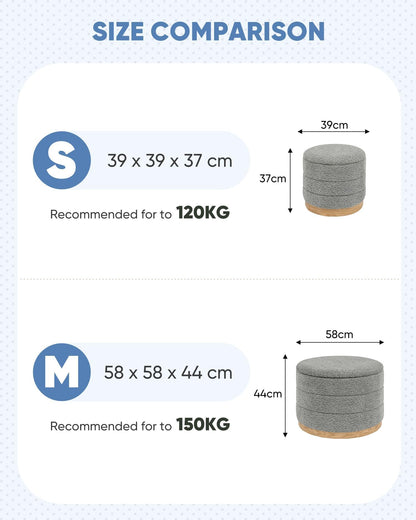 Bonlife Round Chenille Storage Ottoman, Folding Footstool with Table Top, 58x58x44cm, Load Capacity 150kg, for Living Room Bedroom Hallway