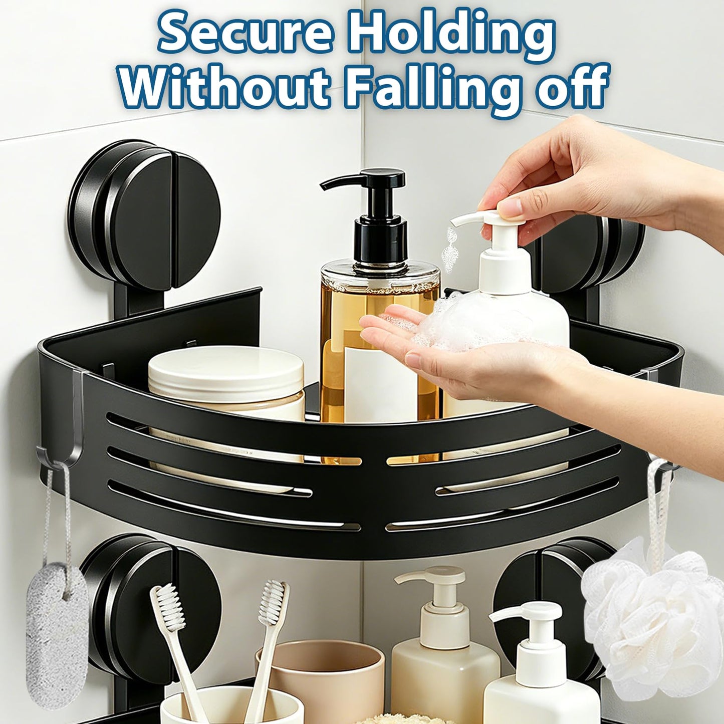 ZBXSNK 2Pcs Corner Shower Caddy, No Drilling Suction Cup Bathroom Corner Shelves, Shower Storage Shelf with Towel Bar & Hooks