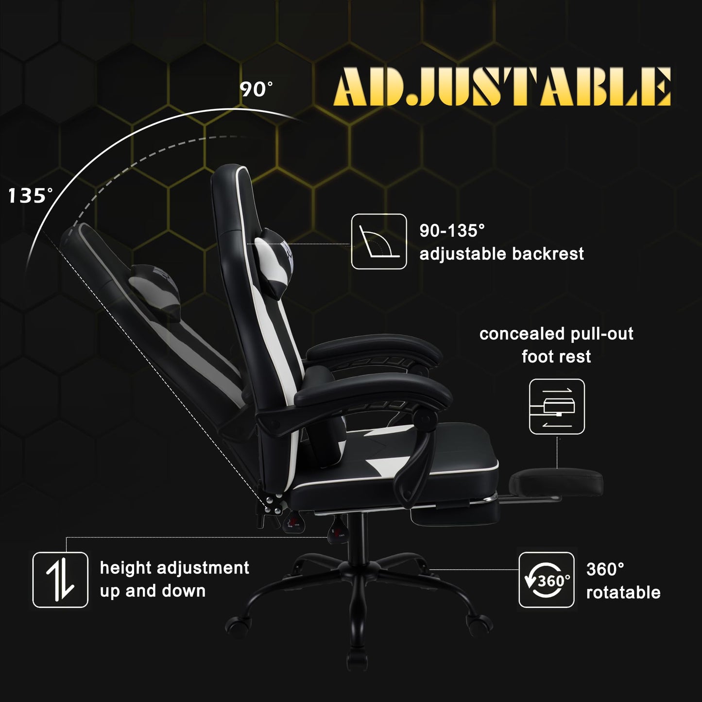 Play haha.Ergonomic Gaming Chair with Footrest, High Back Office Chair with Lumbar Support and Headrest