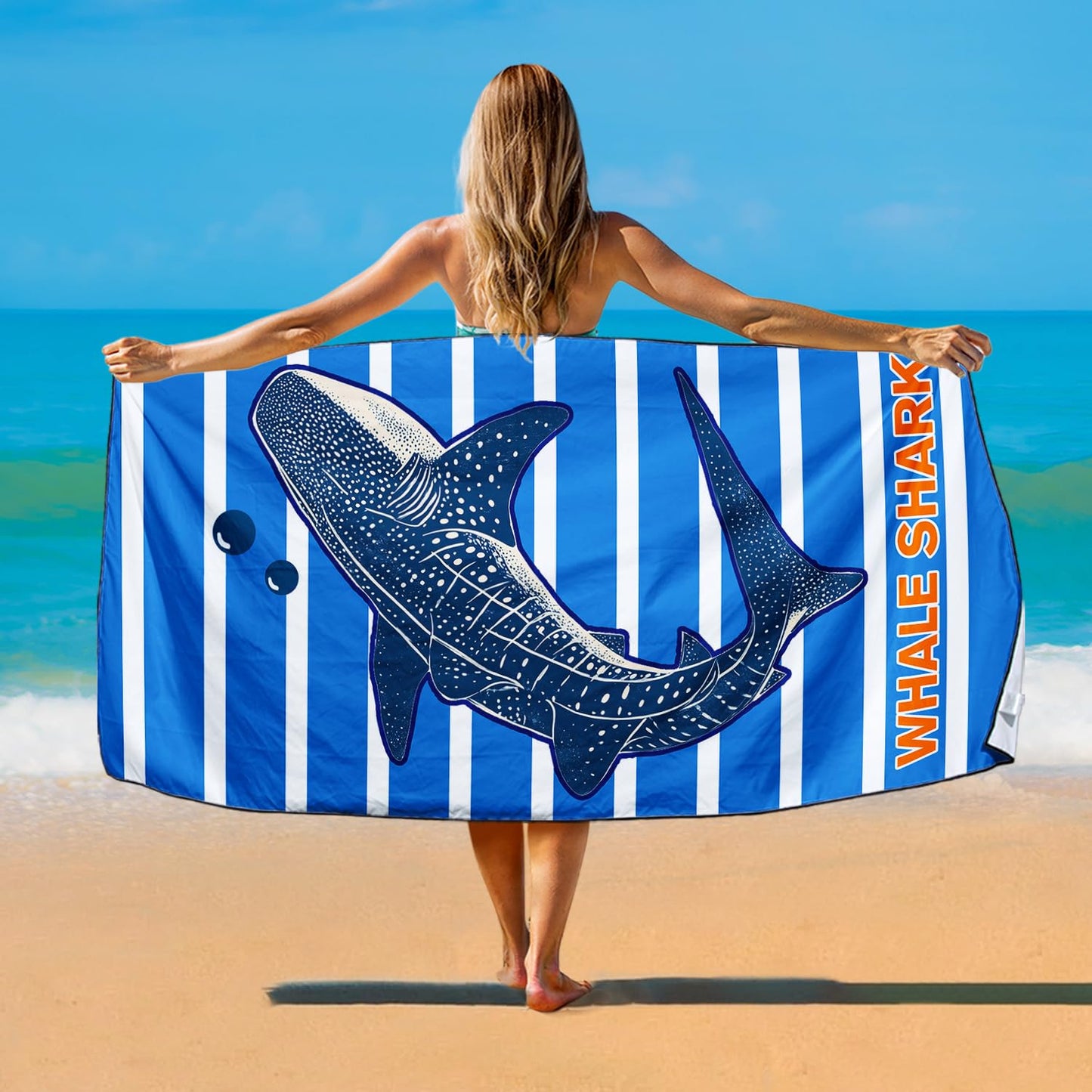 Violetpos Blue Stripe Whale Shark Beach Towel, Extra Large 180x90 cm 250GSM Microfibre, Sand Free Quick Dry