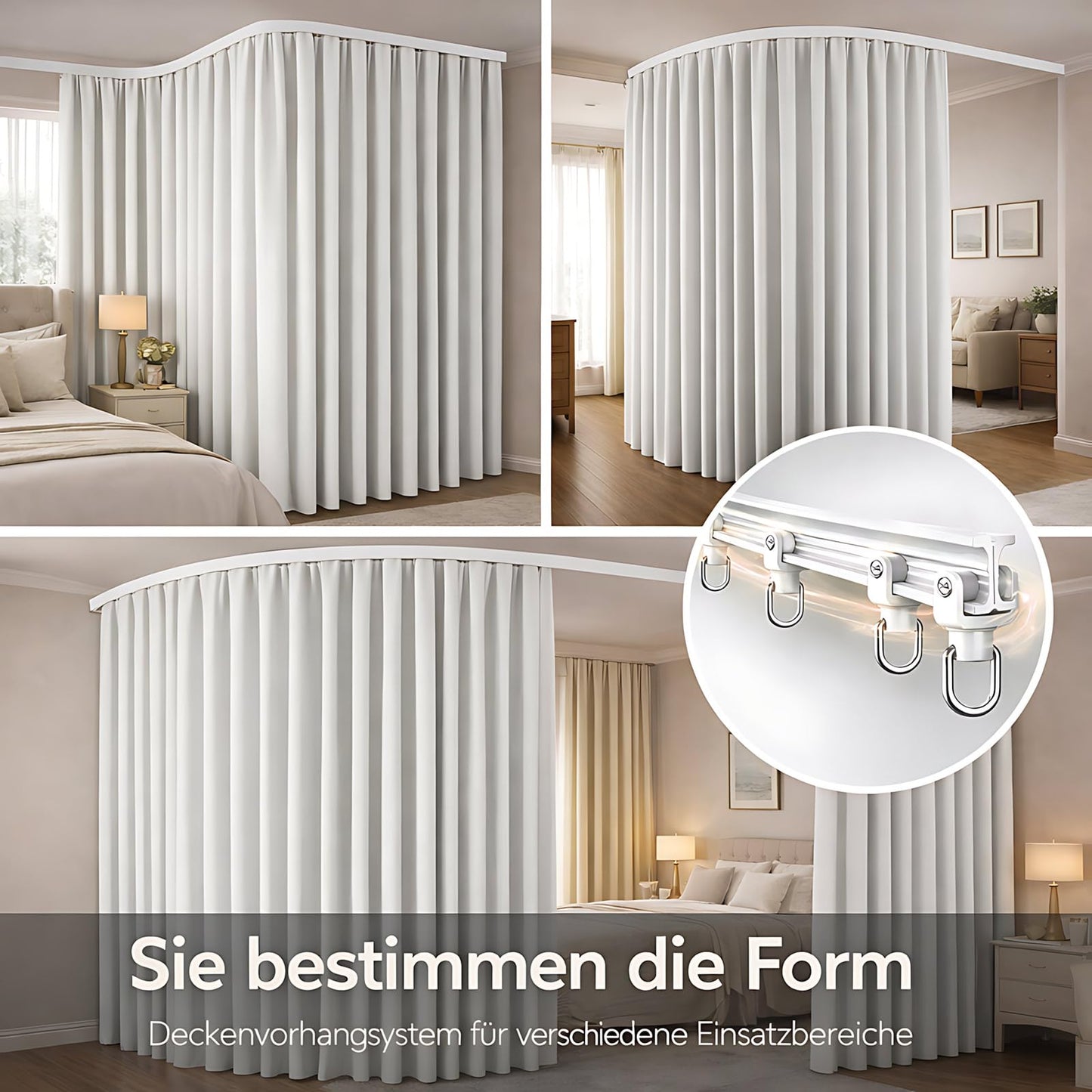 JILRON Room Divider Curtain, Ceiling Mounted on Rails, Room Divider for Flexible Privacy Screen (White, H 213 x W 270 cm)