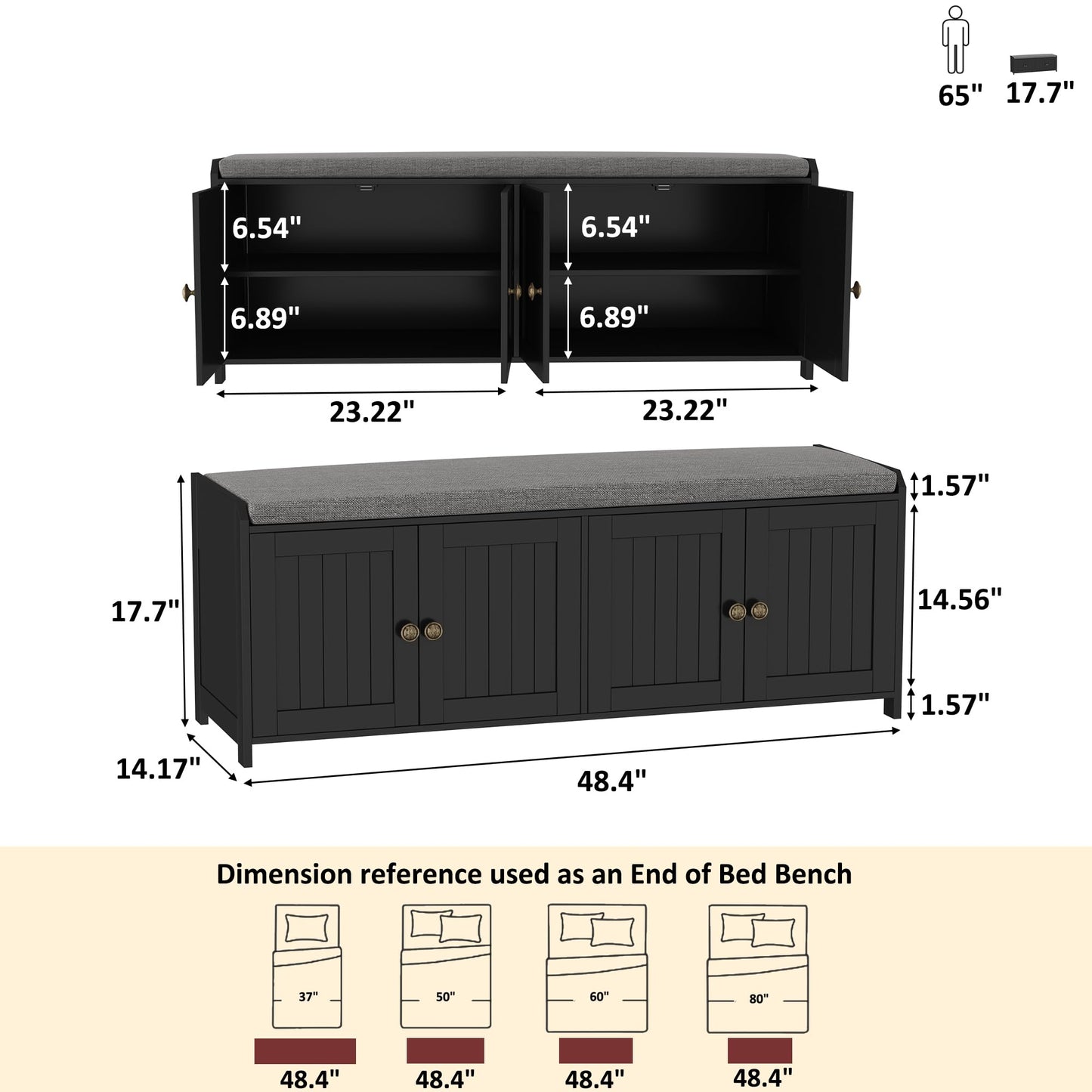 HOME BI Shoe Storage Bench with Cushion, 4 Door Entryway Bench with Padded Seat, 2-Tier Shoe Organizer with Adjustable Shelves