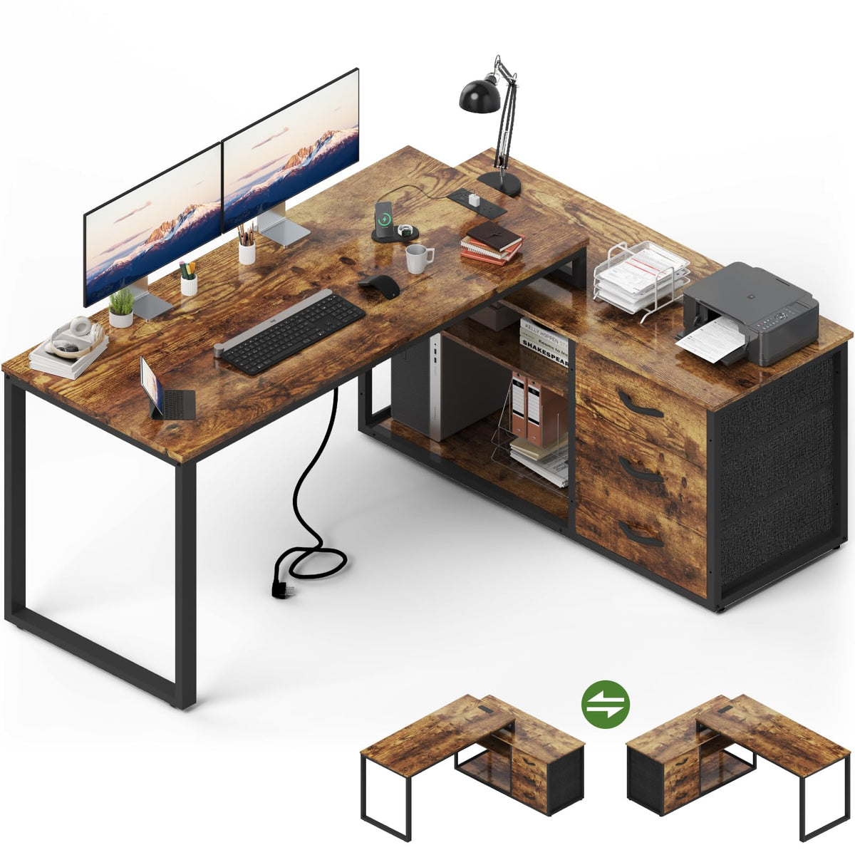 JUMMICO Corner Desk with 3 Drawers, Reversible L Shaped Computer Desk 140x105cm with Extra Storage Space,Office Desks with Power Outlet,Adjustable