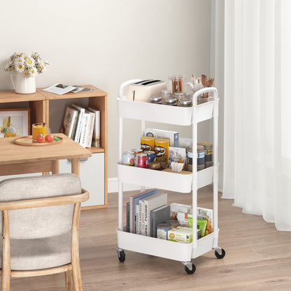 Sywhitta 3-tier Plastic Storage Trolley on Wheels, Kitchen Storage Utility Cart, Rolling Storage Rack for Bedroom, Bathroom, Office, White