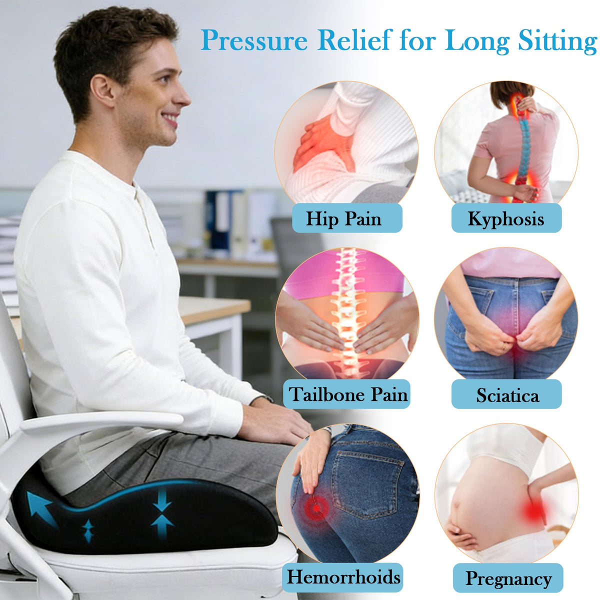 AmzDaKai Coccyx Cushion for Tailbone Pain & Sciatica Relief, Memory Foam Seat Cushion with W-Shape Design, Non-Slip Office Chair & Car Cushion