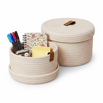 Set of 2 Storage Basket with Lid, Round Cotton Rope Decorative Basket with Leather Handles, Multifunctional Woven Baskets for Shelves, Bedroom