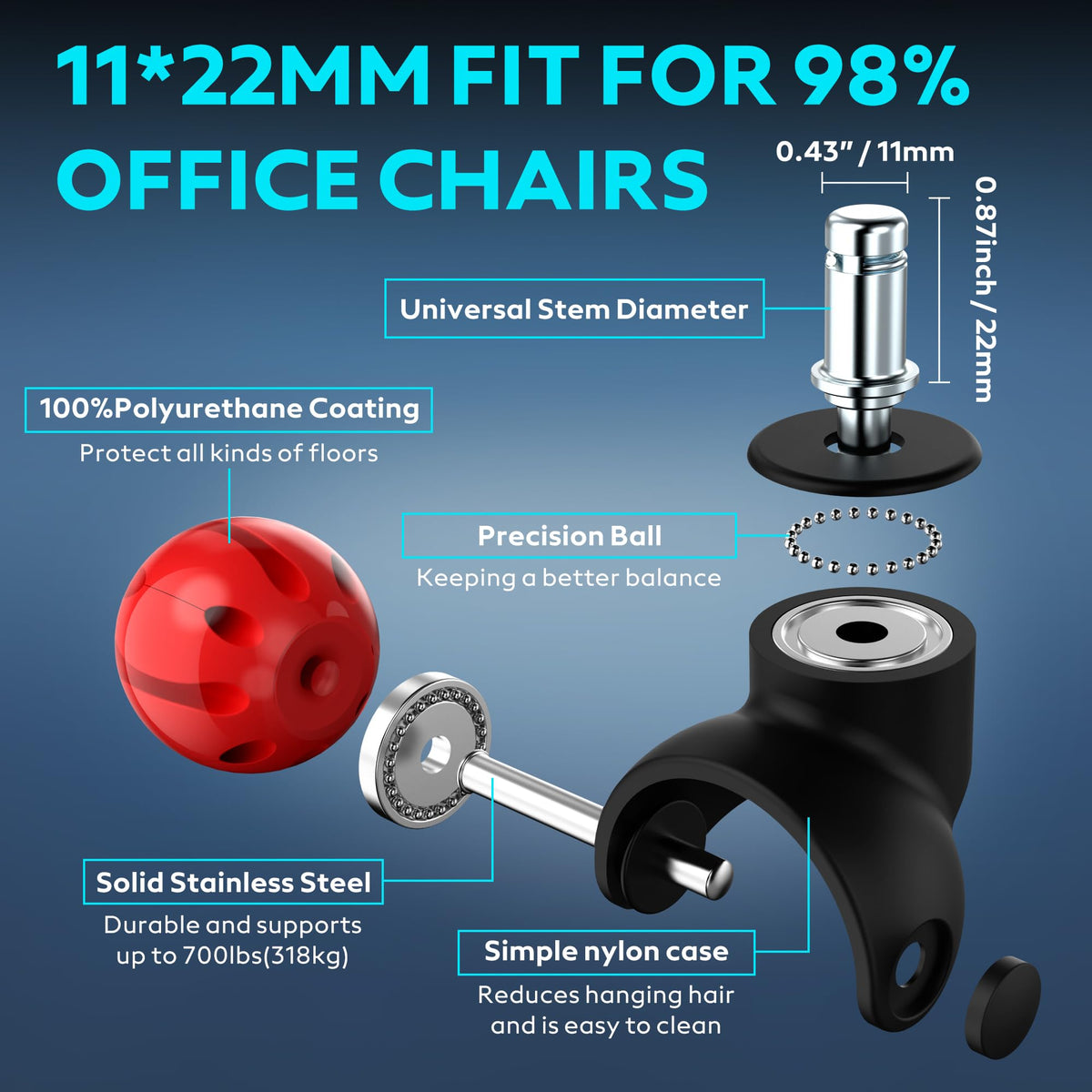 WEWILL Office Chair Castors, 11 x 22 mm Wheels for Office Chairs, Replacement Wheels for Office Chairs on Carpet and Parquet Floors