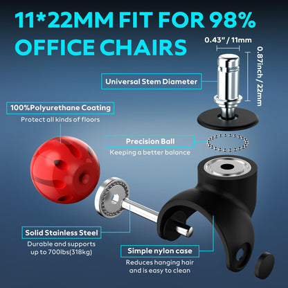 WEWILL Office Chair Castors, 11 x 22 mm Wheels for Office Chairs, Replacement Wheels for Office Chairs on Carpet and Parquet Floors