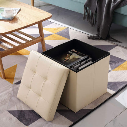 BRIAN & DANY Folding Ottoman Storage Box with Lid, Faux Leather Footstool Toy Storage Box Storage Seat 38 x 38 x 38 cm (Beige)