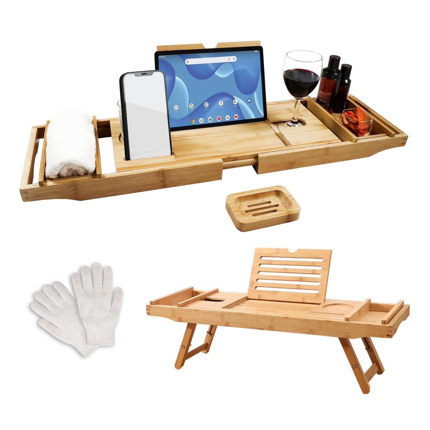 Trekis Spring Bath Tray ? Extendable/Foldable Bamboo Bath Caddy Tray for Bathtub with Exfoliating Gloves, Non-Slip Pads with Built-in Holder for Glass