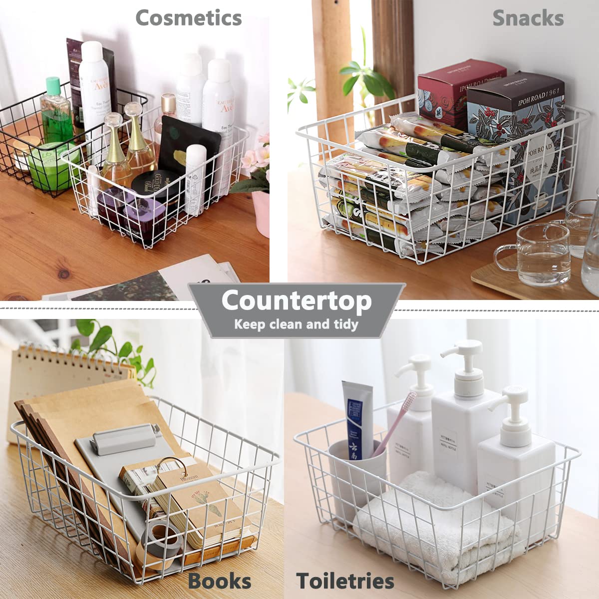 LOSYHU 4 Pack White Wire Storage Baskets, Wire Basket for Pantry Organizer Storage, Metal Storage Baskets Small Chest Freezer Baskets for Shelves