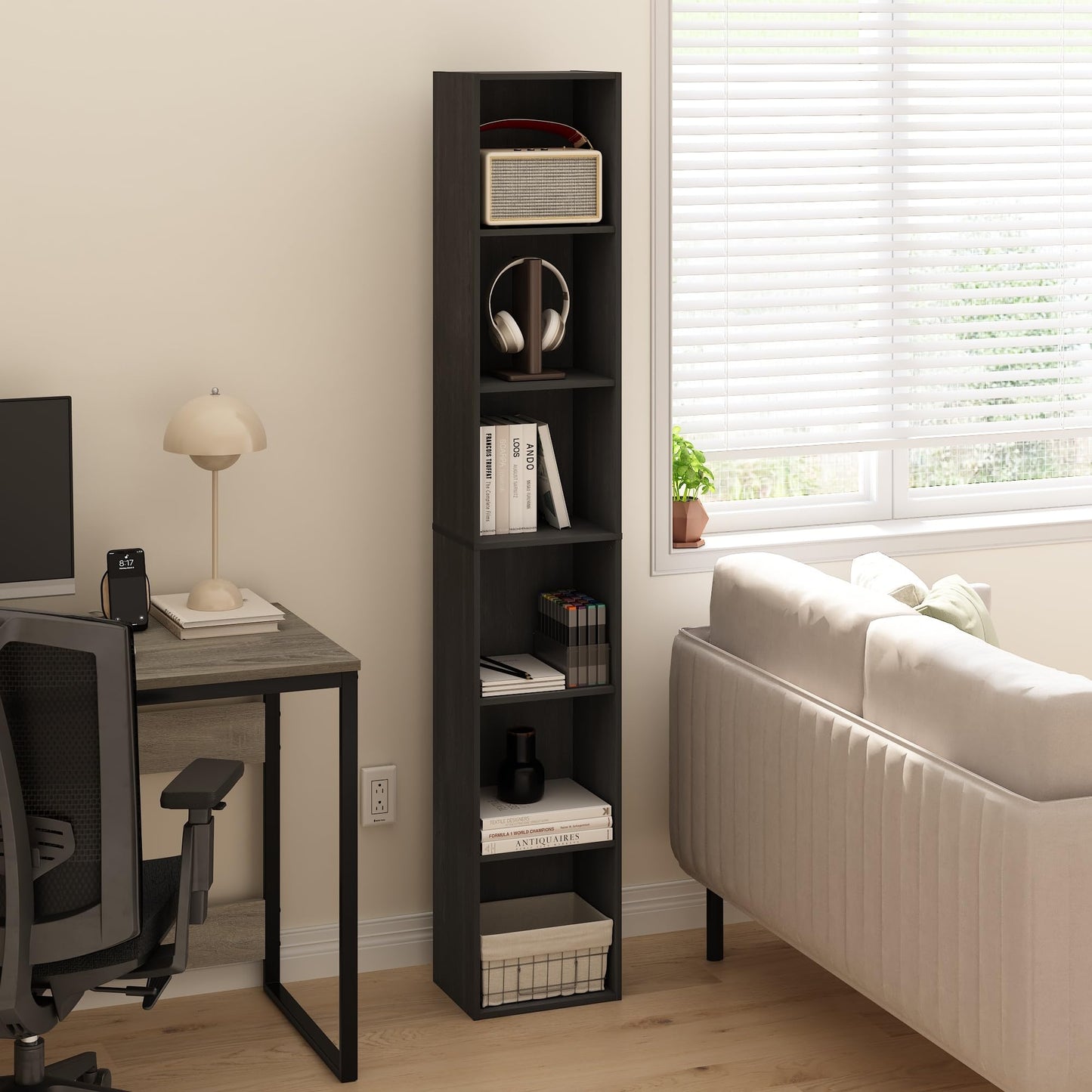 Furinno LUDER Book Shelf, 6-Tier Tall Modern Bookshelf, Bookcase with Open Shelves, 9.3 x 12 x 71, for Living Room, Bedroom, Home Office, Blackwood