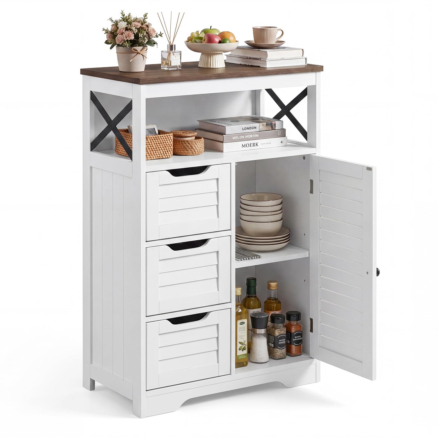 BonVache Kitchen Cabinet, Louvre design, Sideboard with Open Compartment and Drawer, Kitchen Cupboard with Adjustable Shelf, Ideal for Dining Room