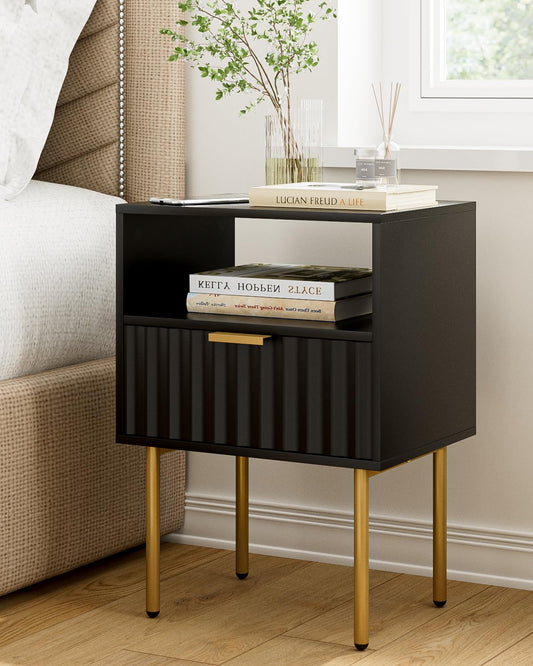 Apetaccat Wooden Bedside Table with Gold Frame,Nightstand Drawer and Shelf,Modern Bedroom Furniture for Living Room or Bedroom, Black,Medium