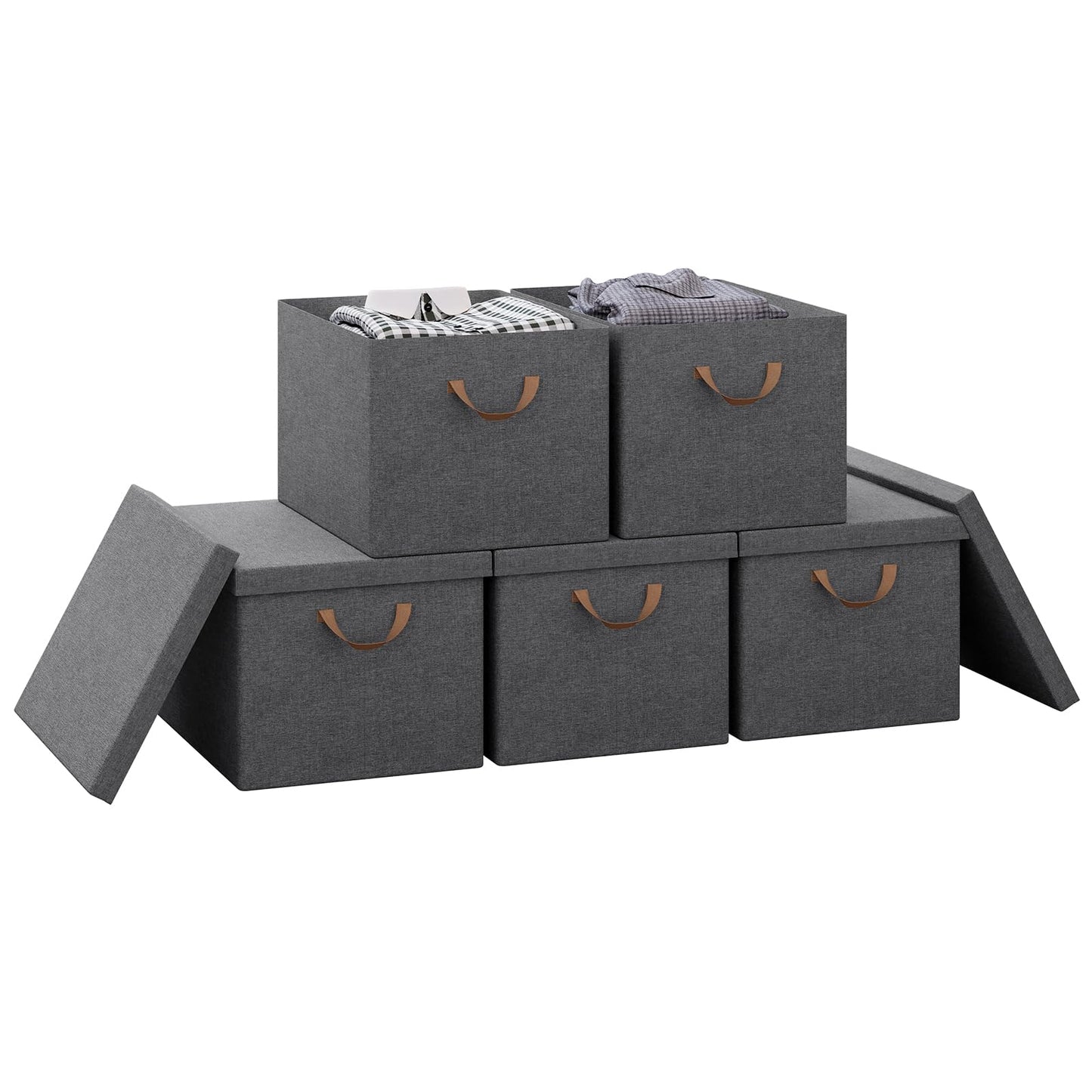 WOLTU Collapsible Storage Boxes Set of 5, Non-Woven Fabric Storage Boxes with Removable Lid, Handles, Metal Frame, 51L, Grey, 48x36x30cm