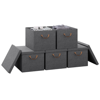 WOLTU Collapsible Storage Boxes Set of 5, Non-Woven Fabric Storage Boxes with Removable Lid, Handles, Metal Frame, 51L, Grey, 48x36x30cm
