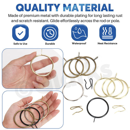 Glarks 30 Sets 25mm/1inch Golden Metal Drapery Curtain Hanging Rings Set, includes 30pcs Curtain Rings and 30pcs Drapery Pin Hooks