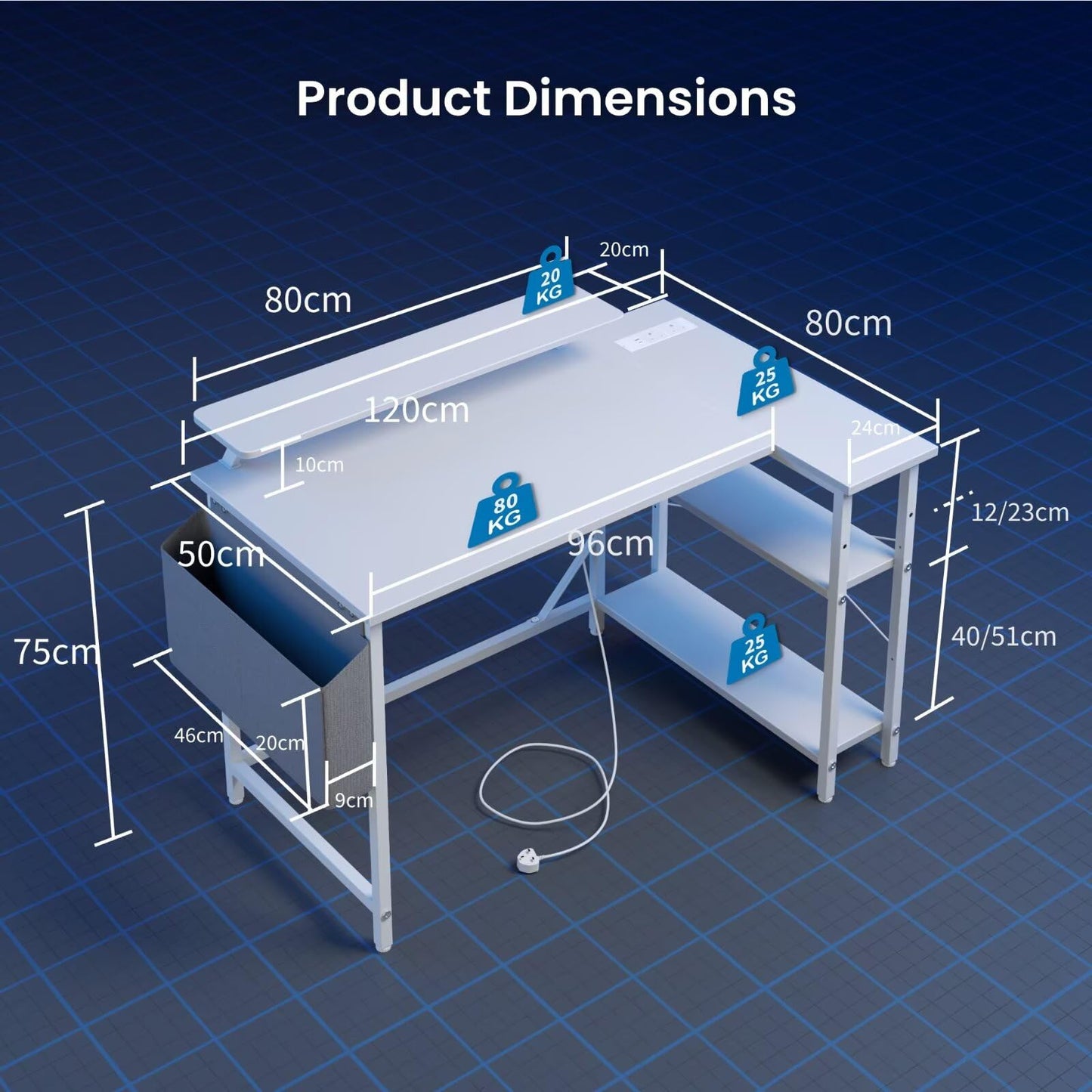 DOMSHOCT L Shaped Gaming Desk with LED Lights & Power Outlets, 120 * 80cm Corner Computer Table with Storage Bag & Adjustable Shelves & Large Monitor