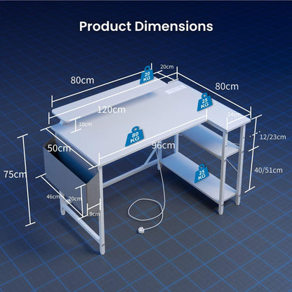 DOMSHOCT L Shaped Gaming Desk with LED Lights & Power Outlets, 120 * 80cm Corner Computer Table with Storage Bag & Adjustable Shelves & Large Monitor