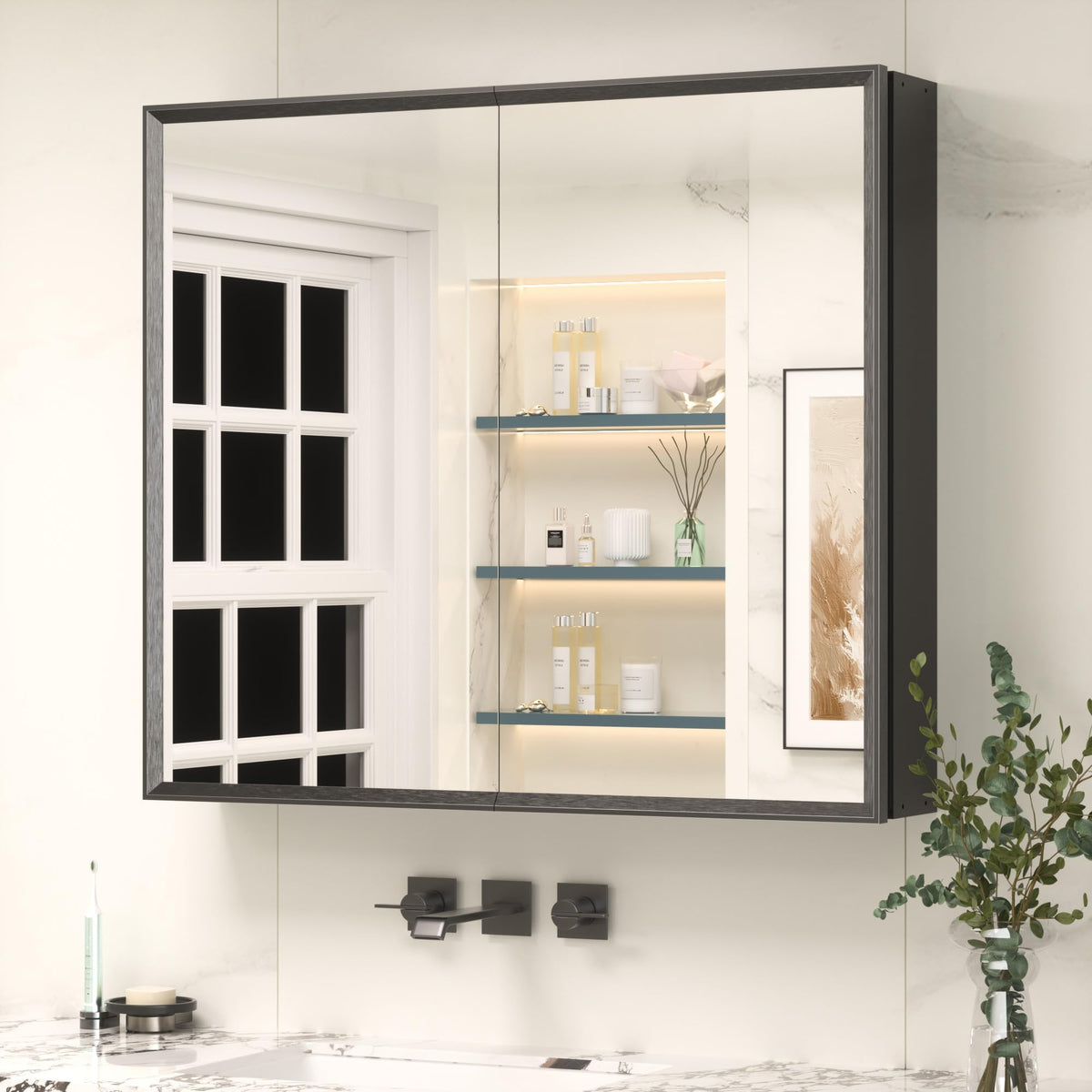 Keonjinn Bathroom Mirror Cabinets 75x65cm, Assembly Required, Black Aluminum Frame Mirrored Bathroom Cabinet Wall Mounted with Storage