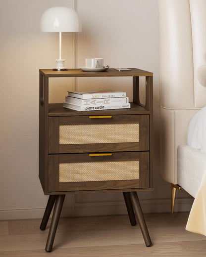 JERX Rattan Bedside Table, Farmhouse Nightstand with 2 Storage Drawer and Open Wood Shelf, for Bedroom and Small Spaces