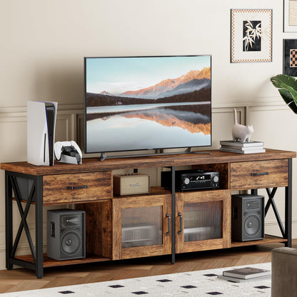 TV Stand Cabinet, 180cm Wooden TV Unit with Soundbar Shelf & Storage Drawers, Steel Frame, Industrial TV Console Table