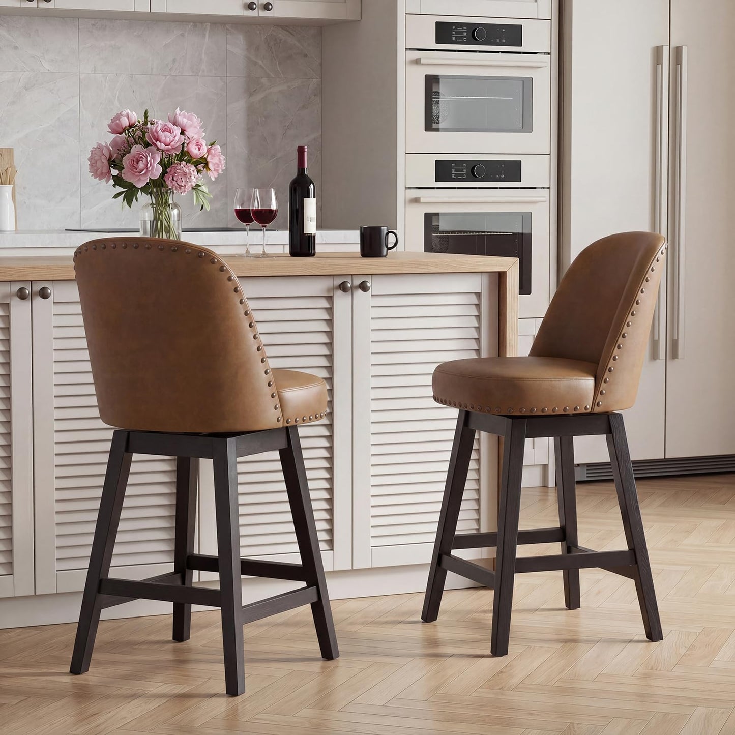 Bar Stools Set of 2, 360° Swivel Counter Stools with Upholstered Seat, Wooden Frame & Nailhead Trim