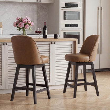 Bar Stools Set of 2, 360° Swivel Counter Stools with Upholstered Seat, Wooden Frame & Nailhead Trim