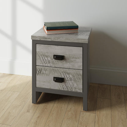 GFW Boston Pair of 2 Drawer Bedside Tables, Grey Wood Effect Bedside Cabinets, Industrial Style Nightstands with Storage Drawers