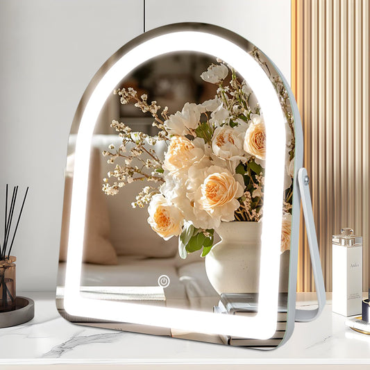 Vanity Mirror with Lights,30x25cm Lighted Makeup Mirror for Desk, 3 Color Light, Arched Bathroom Mirror with Touch Switch Adjustable Brightness,