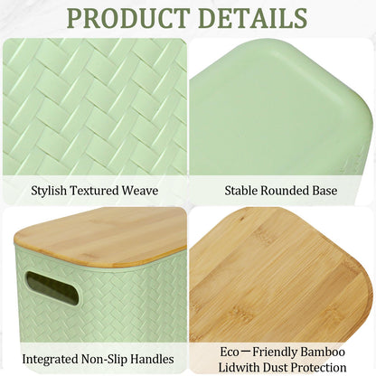RWFMO 4 Pcs Plastic Green Storage Baskets with Bamboo Lid for Bathroom