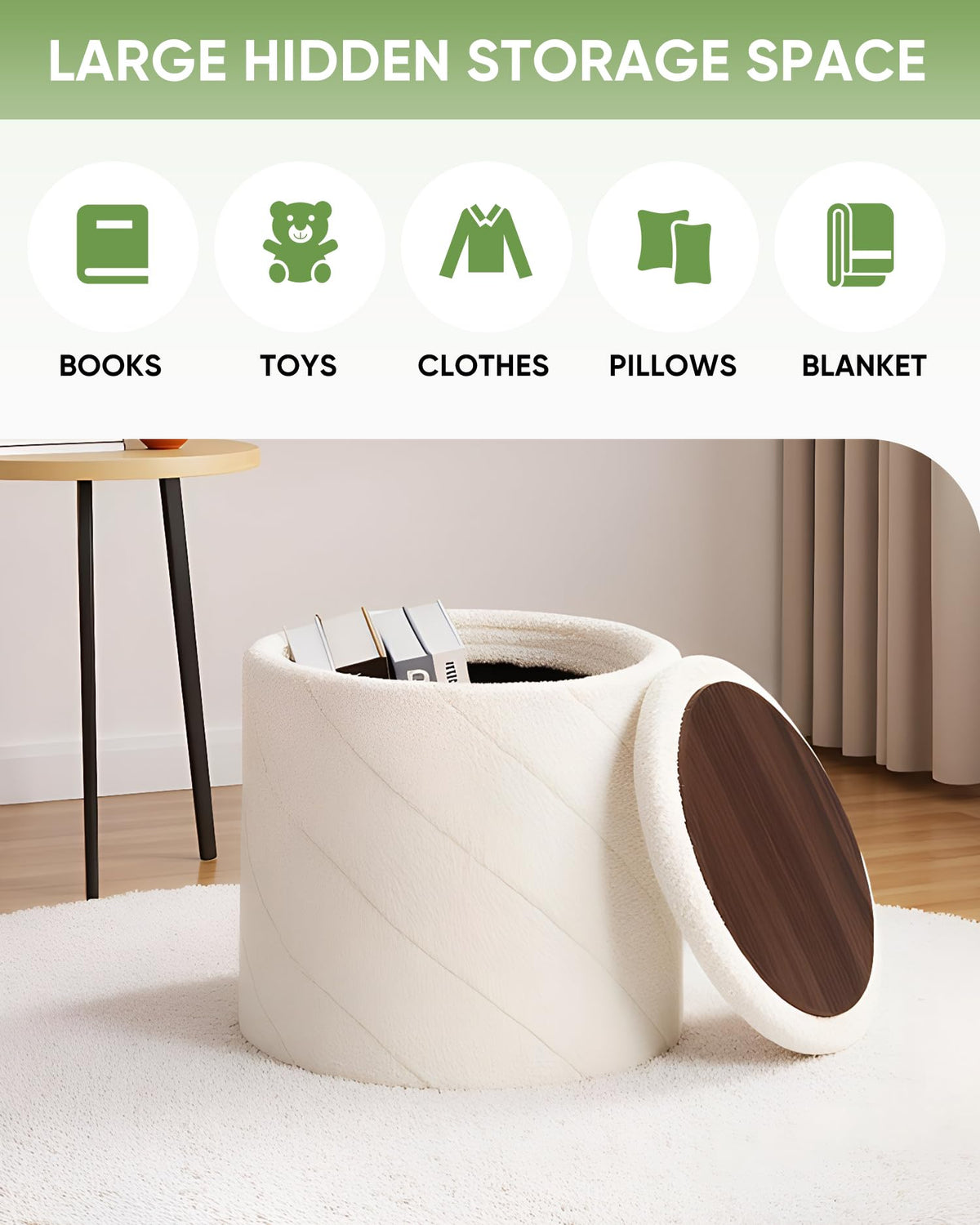 Bonlife Round Ottoman Stool with Storage, Folding Footstool,33x33x35cm