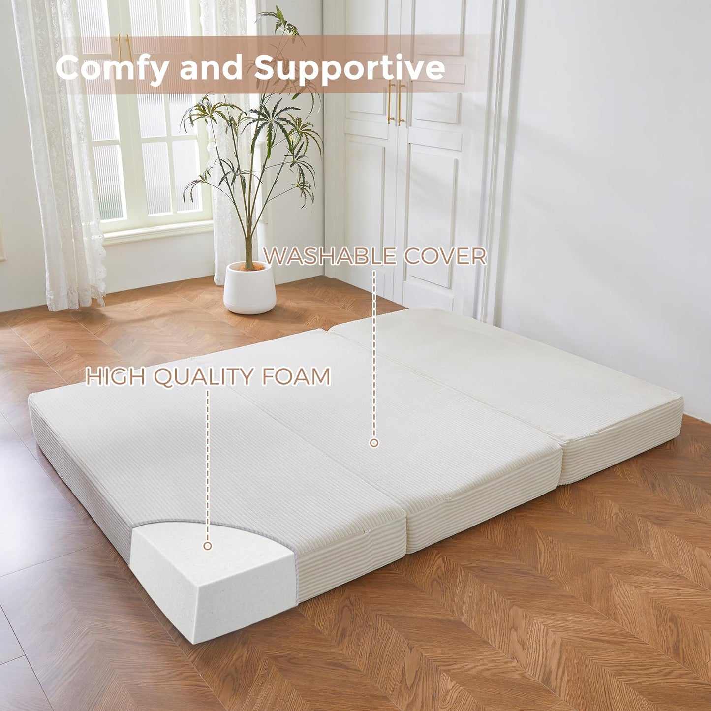 MAXYOYO Folding Corduroy Mattress, Tri Fold Floor Mattress 15cm thick with Washable Cover,Foldable in Three,Space-Saving for Guest (Beige, Single)