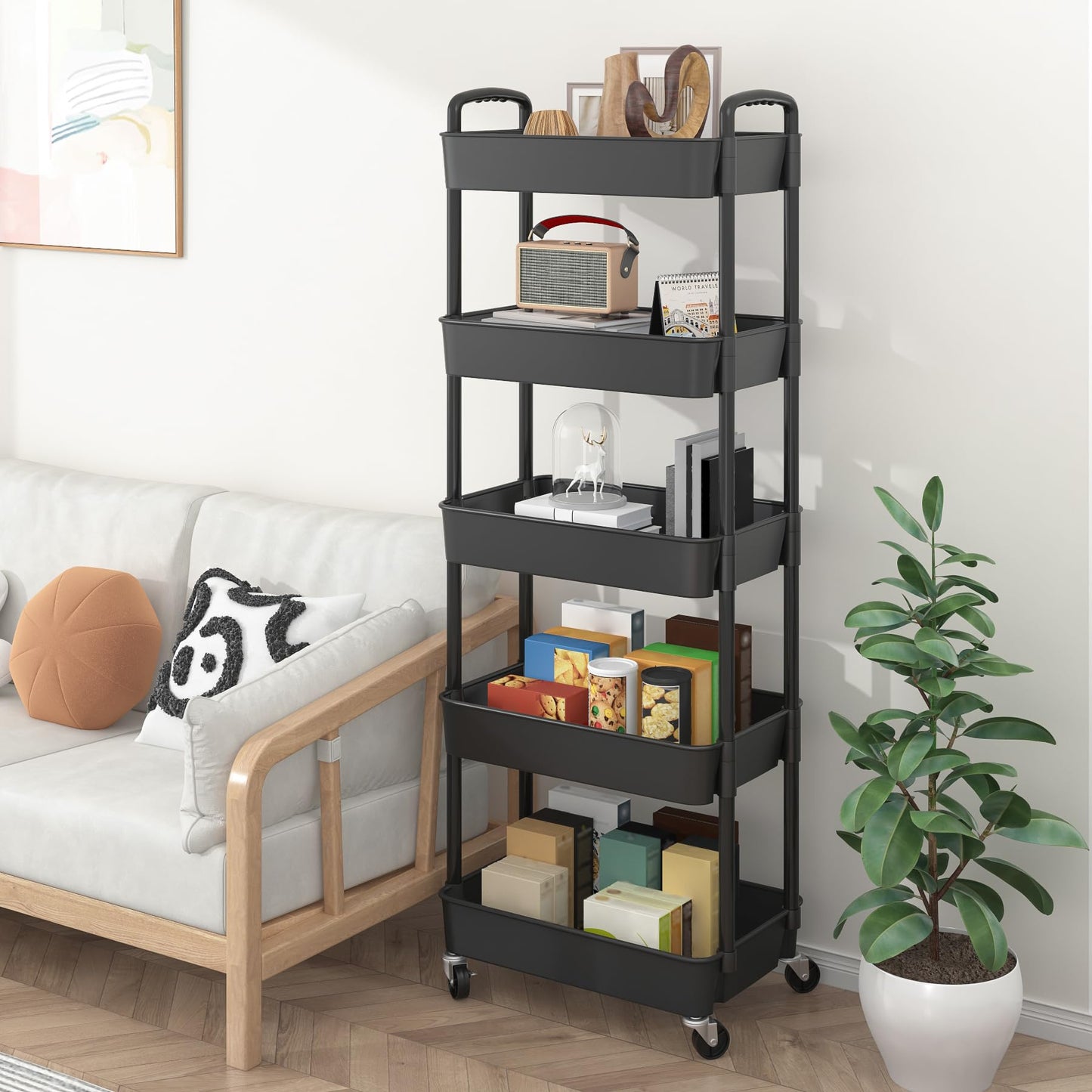 Sywhitta 5-Tier Plastic Rolling Utility Cart with Handle, Multi-Functional Storage Trolley for Office, Living Room, Kitchen