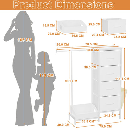 Chest of Drawers with Retractable Hanging Rail and 4 Fabric Drawers