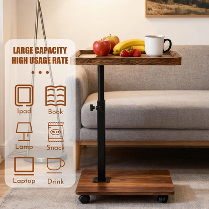 Adjustable Height C Shape Side Table,with 360 Degree Rotating Wheels ,Multifunctional Sofa Bed Side Table(Walnut Brown )