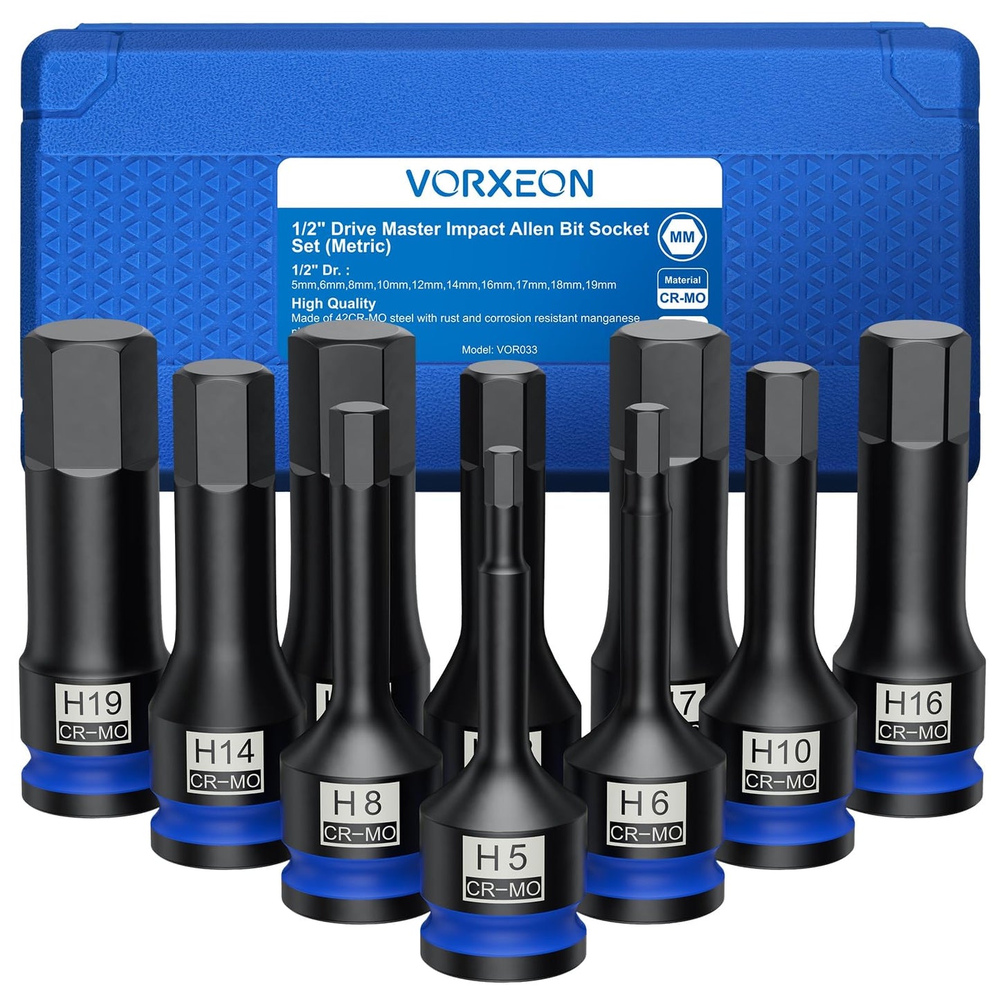VORXEON 10pcs 1/2 Impact Hex Socket Set en 42CRMO Heavy Duty Allen Key Socket Set 1/2 Drive for Impact Wrench 5mm 6mm 8mm 10mm 12mm 14mm 16mm 17mm