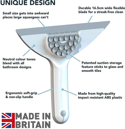 Inhouse Stick+Store Mini Shower Squeegee - Made in Britain - Compact Bathroom Cleaning Accessory for Shower Doors, Windows, Glass, Mirrors & Screens