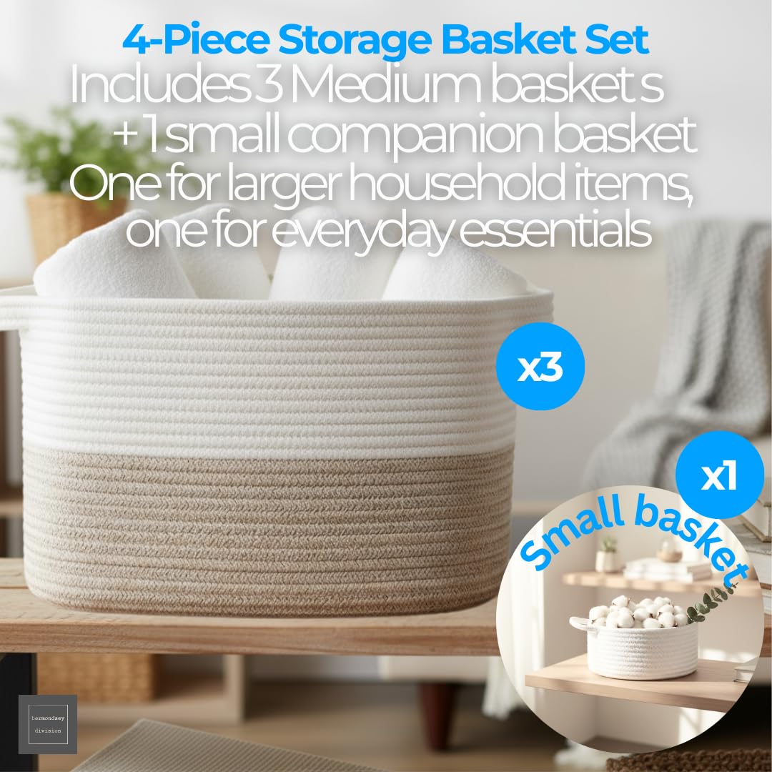4pcs Cotton Rope Storage Basket – 3 Medium + 1 Small Woven Baskets with Handles for Living Room, Bedroom, Bathroom & Nursery – White & Beige