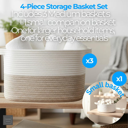 4pcs Cotton Rope Storage Basket – 3 Medium + 1 Small Woven Baskets with Handles for Living Room, Bedroom, Bathroom & Nursery – White & Beige