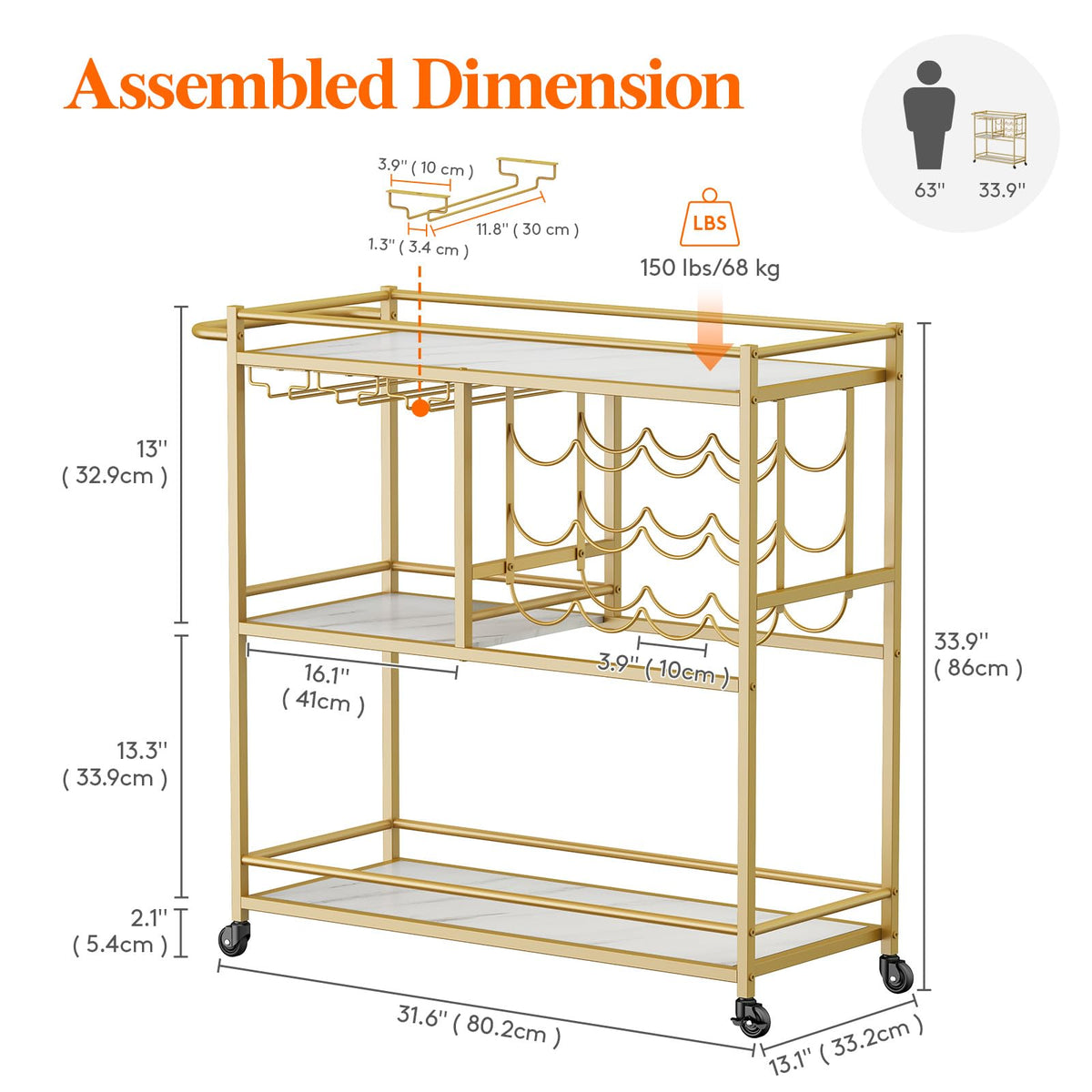 Lifewit 3 Tier Drinks Trolley with Lockable Wheels,Gold