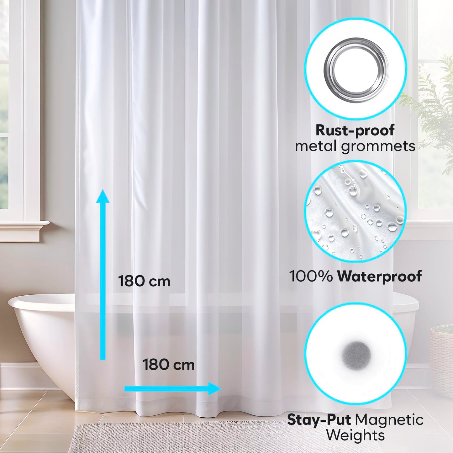 ZENO Clear Shower Curtain Liner - 180 x 180 cm Size - Premium PEVA Shower Liner + Rustproof Grommets + 3 Magnets
