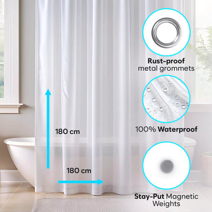 ZENO Clear Shower Curtain Liner - 180 x 180 cm Size - Premium PEVA Shower Liner + Rustproof Grommets + 3 Magnets