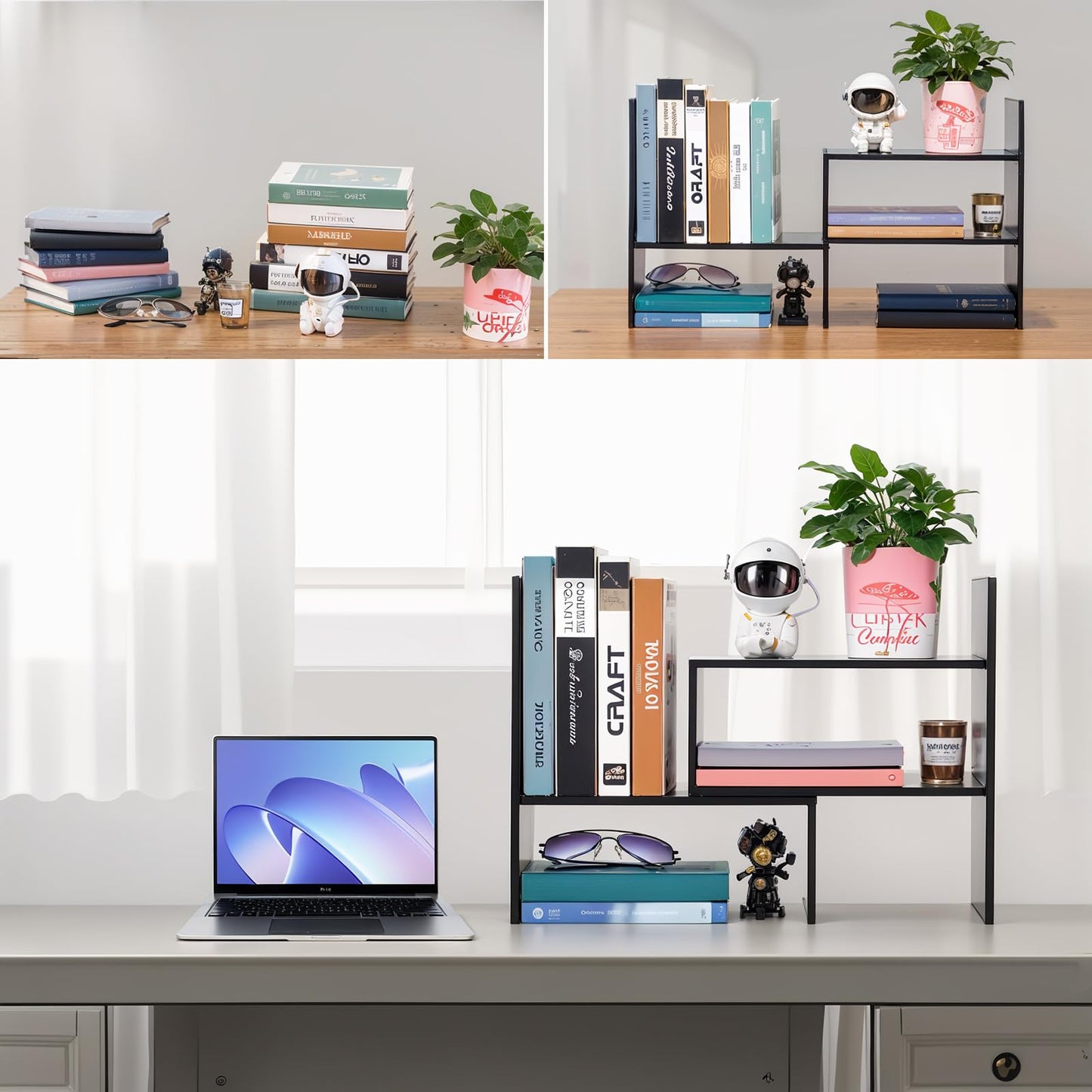 Dyserbuy Desk Shelf, Adjustable Desktop Bookshelf, Small Book Shelf, Desk Book Storage, Wooden Desktop Organiser for Office, Home, Study, Black
