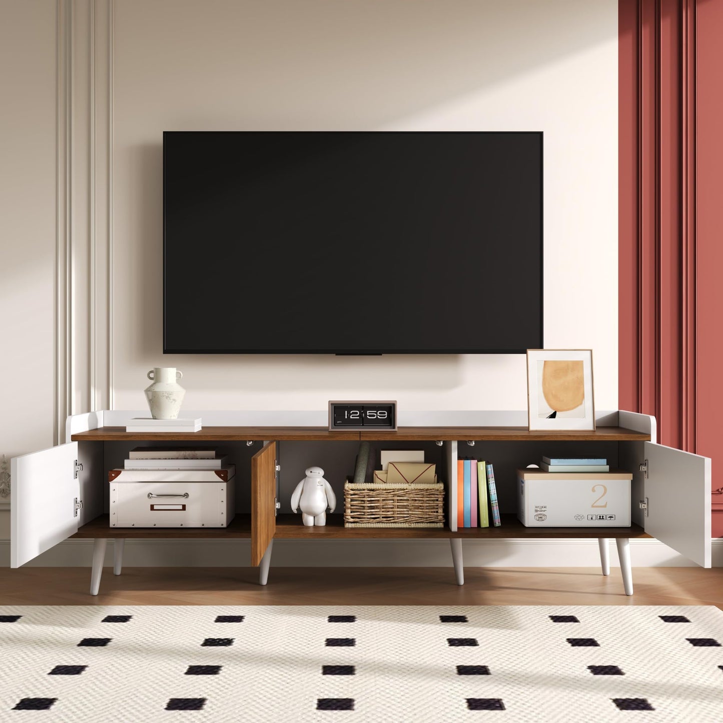 Ball & Cast TV Cabinet 3-Door TV Stand Compact Media Unit with Raised Edge, Striped Doors & Solid Wood Legs 160 × 39 × 49.5 cm - White & Natural Wood