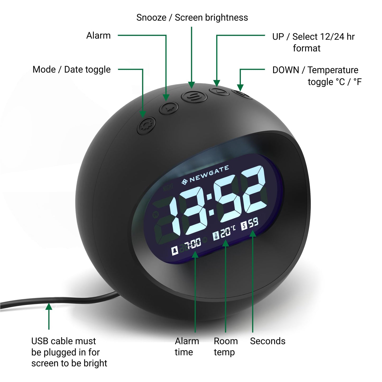 NEWGATE Center of The Earth Bedside Digital Alarm Bedroom Accessories LCD Screen Desk Clock, Acrylic, Black, cm